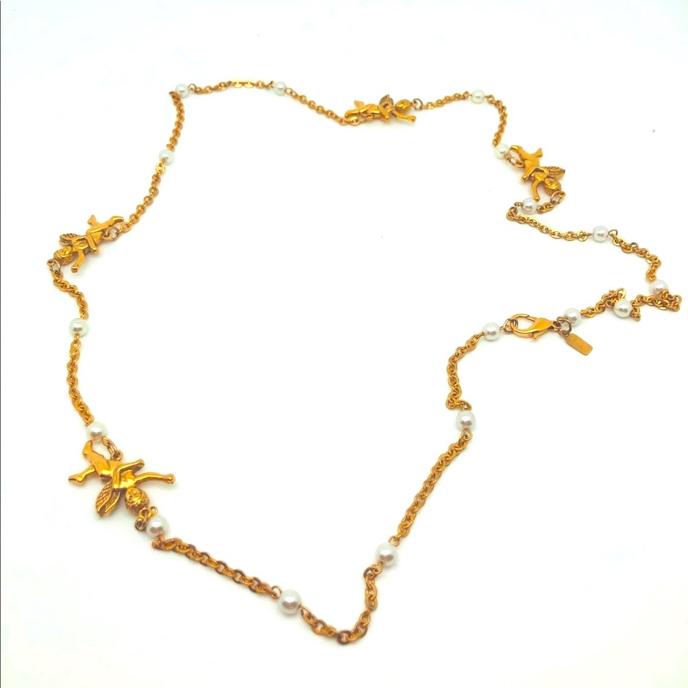 Stunning Vintage 1928 Cherub and Pearl Gold Necklace Hangs 18”